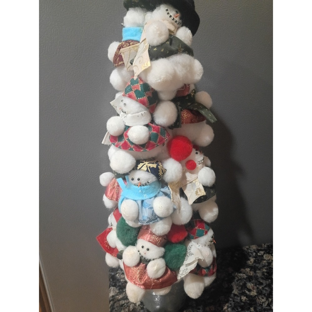 Vintage Snowman Christmas Tree Plush Pom Pom Holiday Tabletop Decor 18 Inch